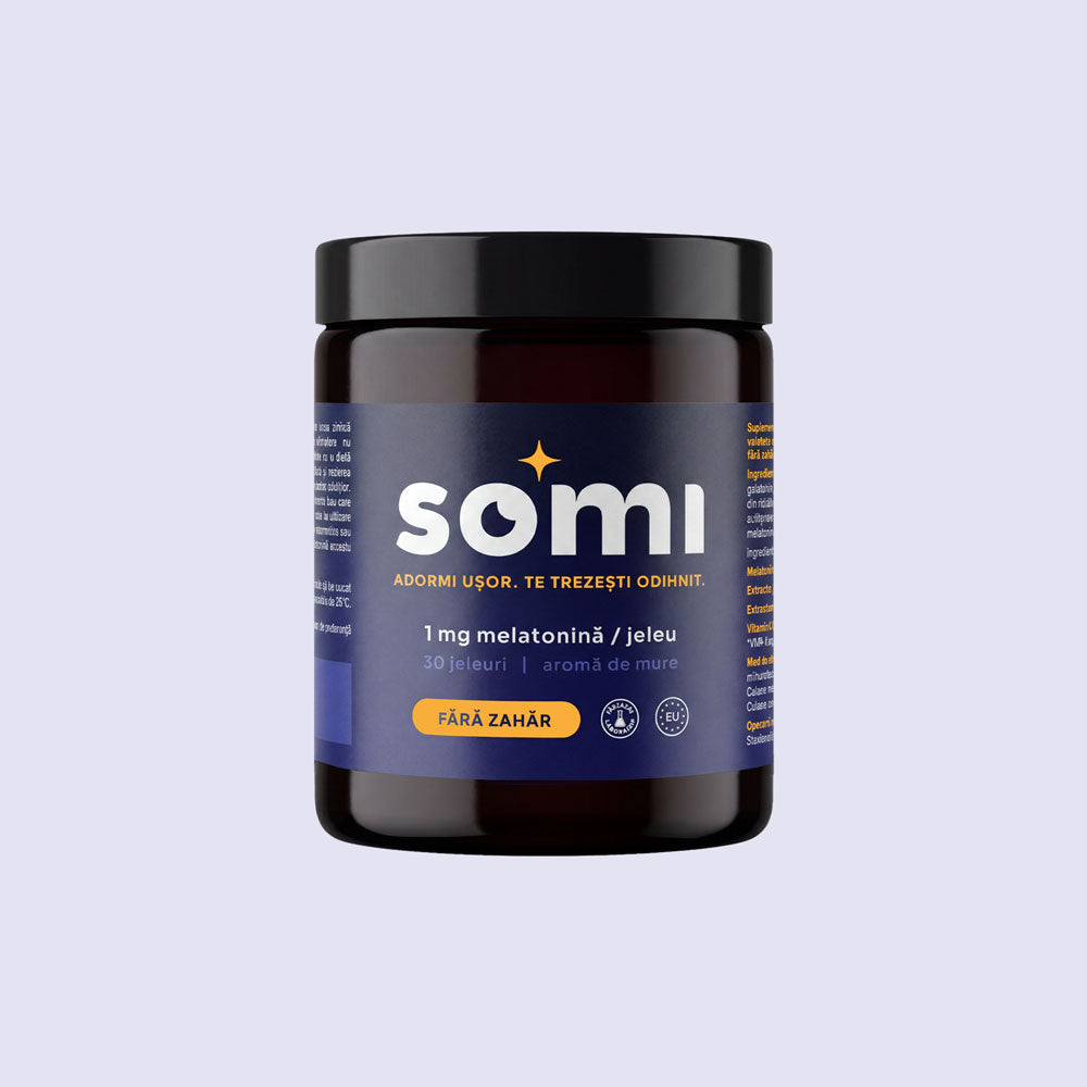 Borcan de jeleuri SOMI cu 1mg melatonină și valeriană, 30 jeleuri fără zahăr cu aromă de mure