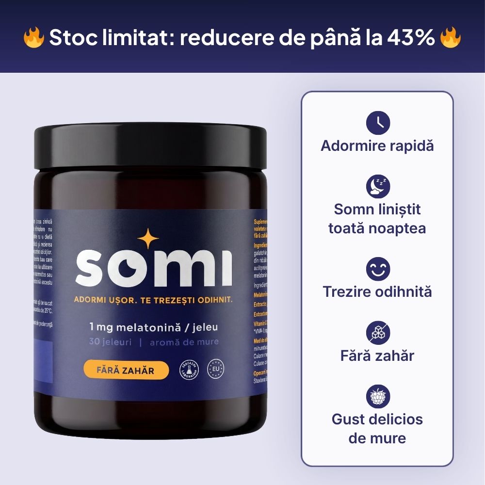 Borcan de jeleuri SOMI cu 1mg melatonină: adormire rapidă, somn liniștit toată noaptea, fără zahăr, aromă de mure