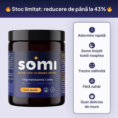 Borcan de jeleuri SOMI cu 1mg melatonină: adormire rapidă, somn liniștit toată noaptea, fără zahăr, aromă de mure